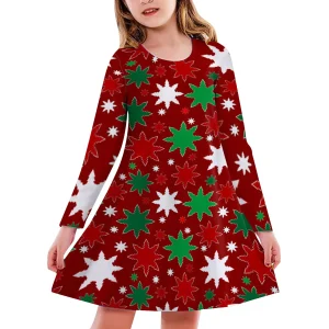 4-13 Years Kids Toddler Girls Christmas Dress Xmas All-Over Printing Christmas Long Sleeve Party Dress Princess Girls Dresses