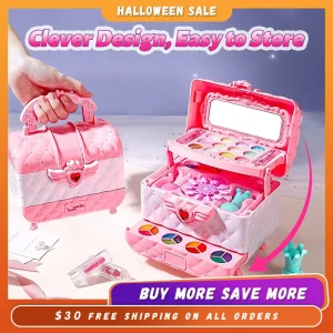 Kids Multi-Layer Foldable Makeup Set - Pretend Play Cosmetic Kit for Girls, Educational and Learning Toy with Storage Box